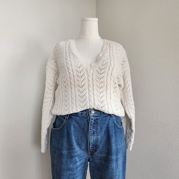 Vintage 90s GAP White Cable Knit Ramie Cotton V-Neck Sweater Pullover M - Picture 1 of 9